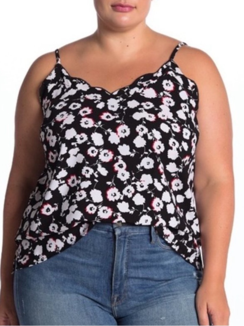 NWT Eloquii Black Floral Scalloped Cami with Red & White Flowers
